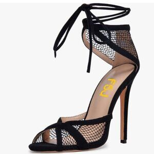FSJ Black Mesh Peep Toe High Heel Sandals Ankle Strap Lace Up Sexy Dress Shoes
